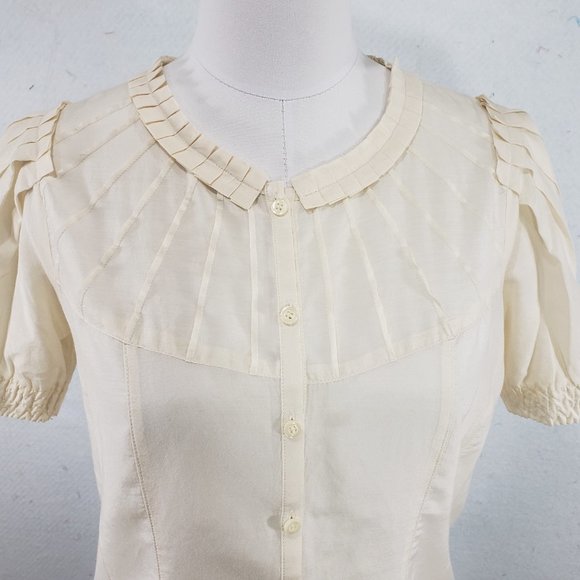 Halogen Silk Cotton Cream Pleated Blouse, Small - Picture 3 of 11